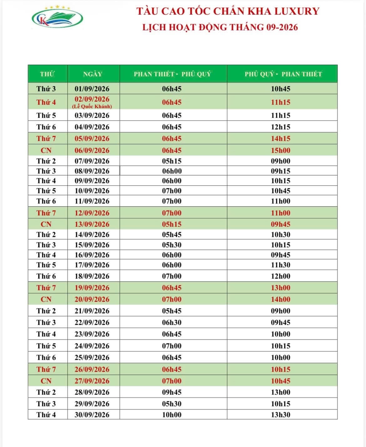 Lịch tàu Chấn Kha Luxury Phan Thiết - Phú Quý 9/2026 